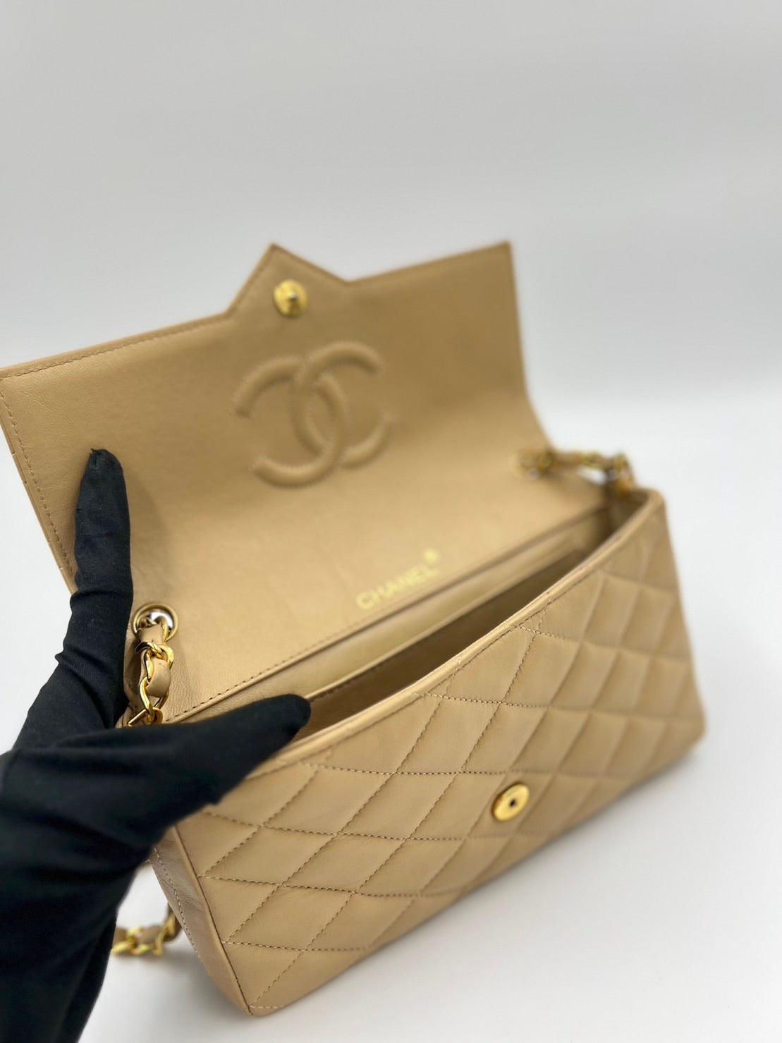 Chanel logo Bag Apricot Cream 19cm / Rank A