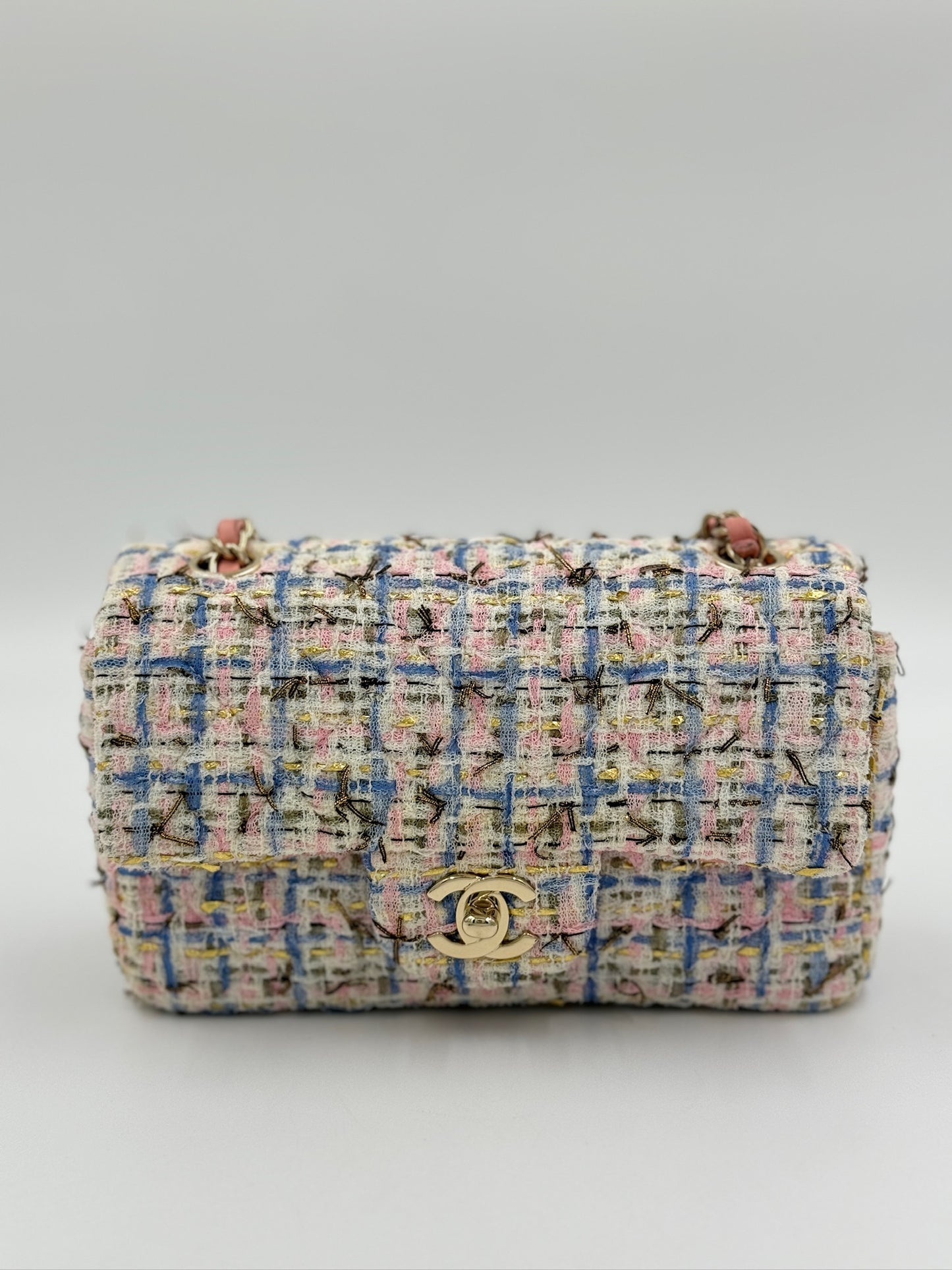 Chanel Mini CF 20cm 毛呢單肩口袋包 粉藍白 / Rank A  24072307