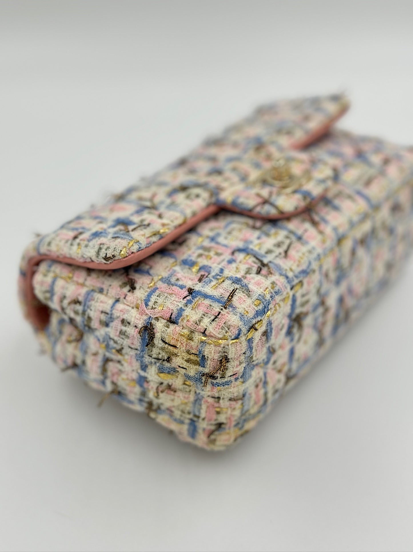 Chanel Mini CF 20cm 毛呢單肩口袋包 粉藍白 / Rank A  24072307