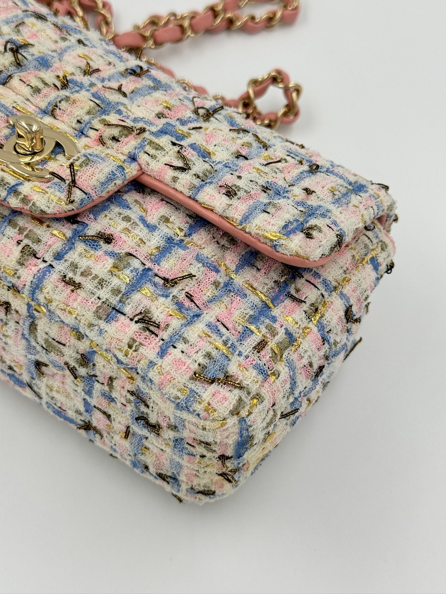 Chanel Mini CF 20cm 毛呢單肩口袋包 粉藍白 / Rank A  24072307