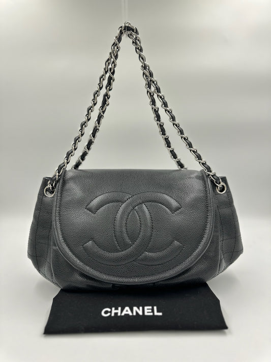 Chanel 半月型雙鏈條荔枝皮  黑銀 / Rank A 24072317