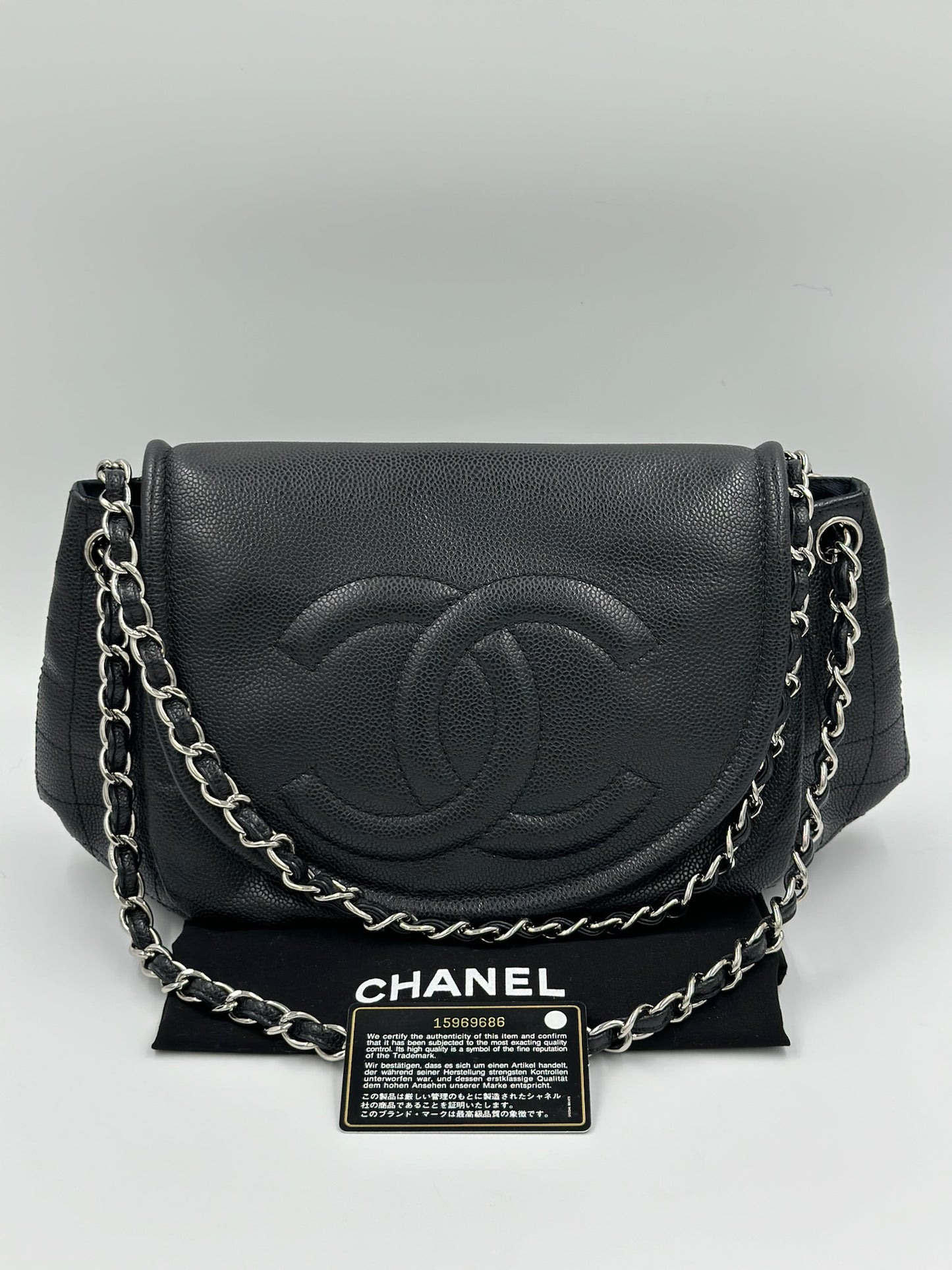 Chanel 半月型雙鏈條荔枝皮  黑銀 / Rank A 24072317